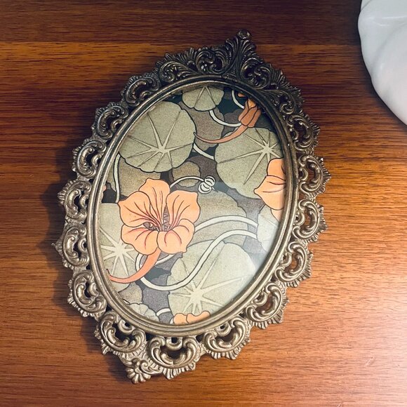 Antique Hanging Brass Frame in Ornate Floral Design with Convex Glass Cover - Picture 7 of 7